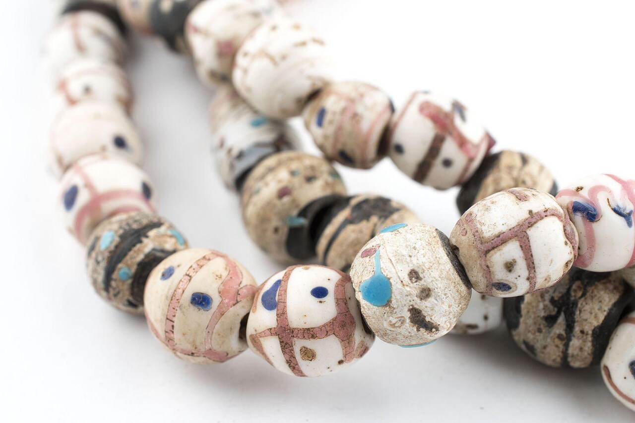 The Bead Chest Antique Venetian Medicine Man Trade Beads Double Strand 11mm Ethiopia African Multicolor Round Glass Large Hole 40 Inch Strand